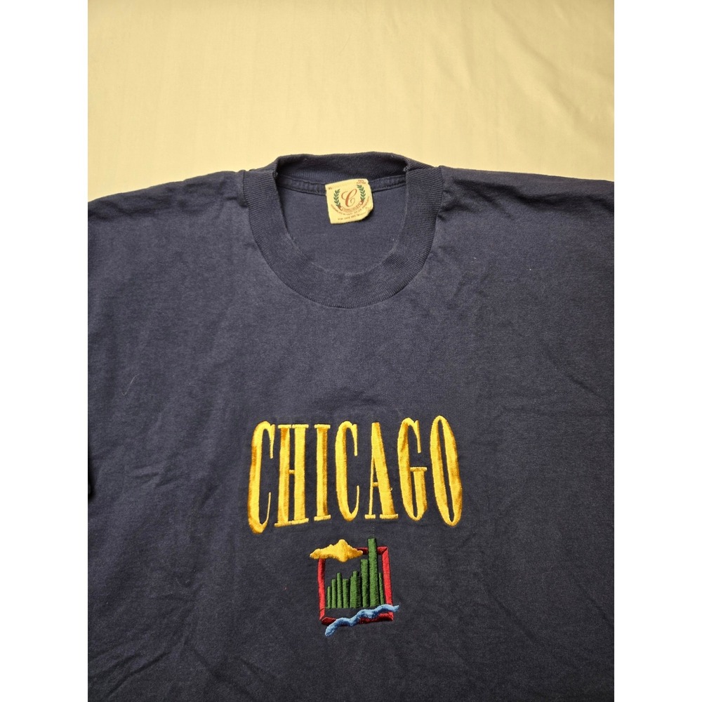 Vintage 1986 single-stitch Cottonuity Chicago Graphic T Shirt Mens XL Navy Blue‎
